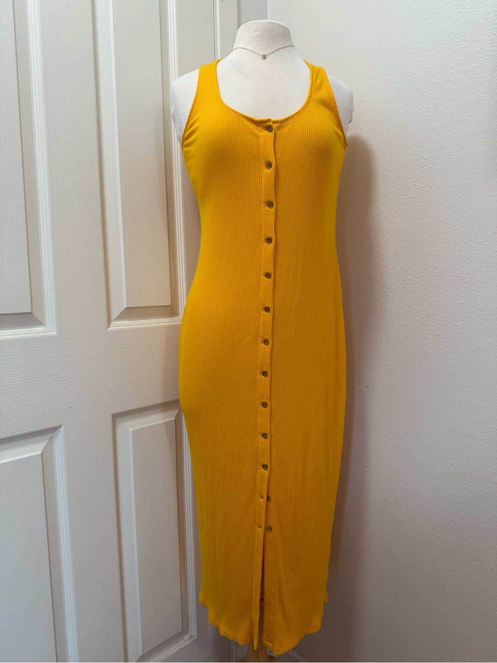 On 34TH Button-Front Ribbed Tank Midi Dress in Mustard Yellow